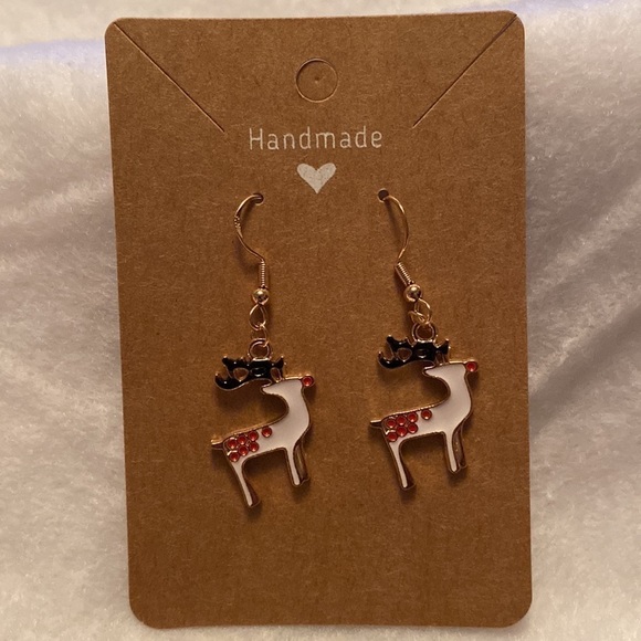White Reindeer with Black Antlers Christmas Dangle Earrings - Picture 2 of 4